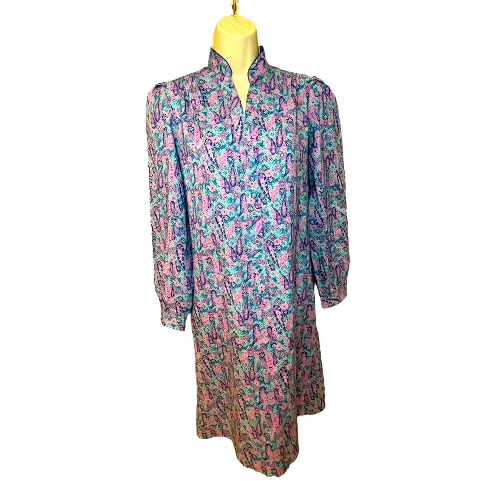 Vintage Katie Lewis Pink Blue Purple Long Sleeve Collarless Belted Dress